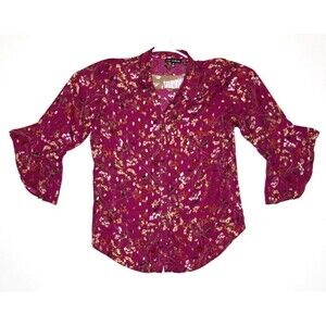 Sara Michelle 1X Plus Burgundy Floral Blouse 3/4 Ruffle Sleeve Button Up Top